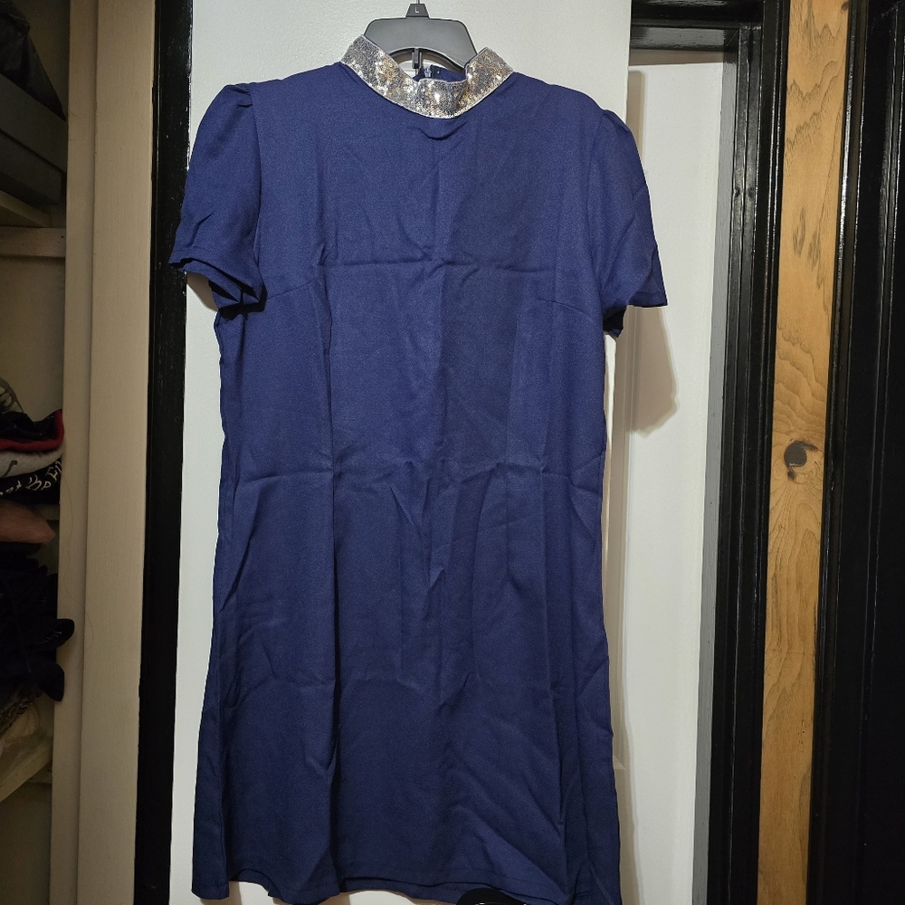 Women's Navy Blue Mini Dress W Rhinestone Silver Collar Size XL